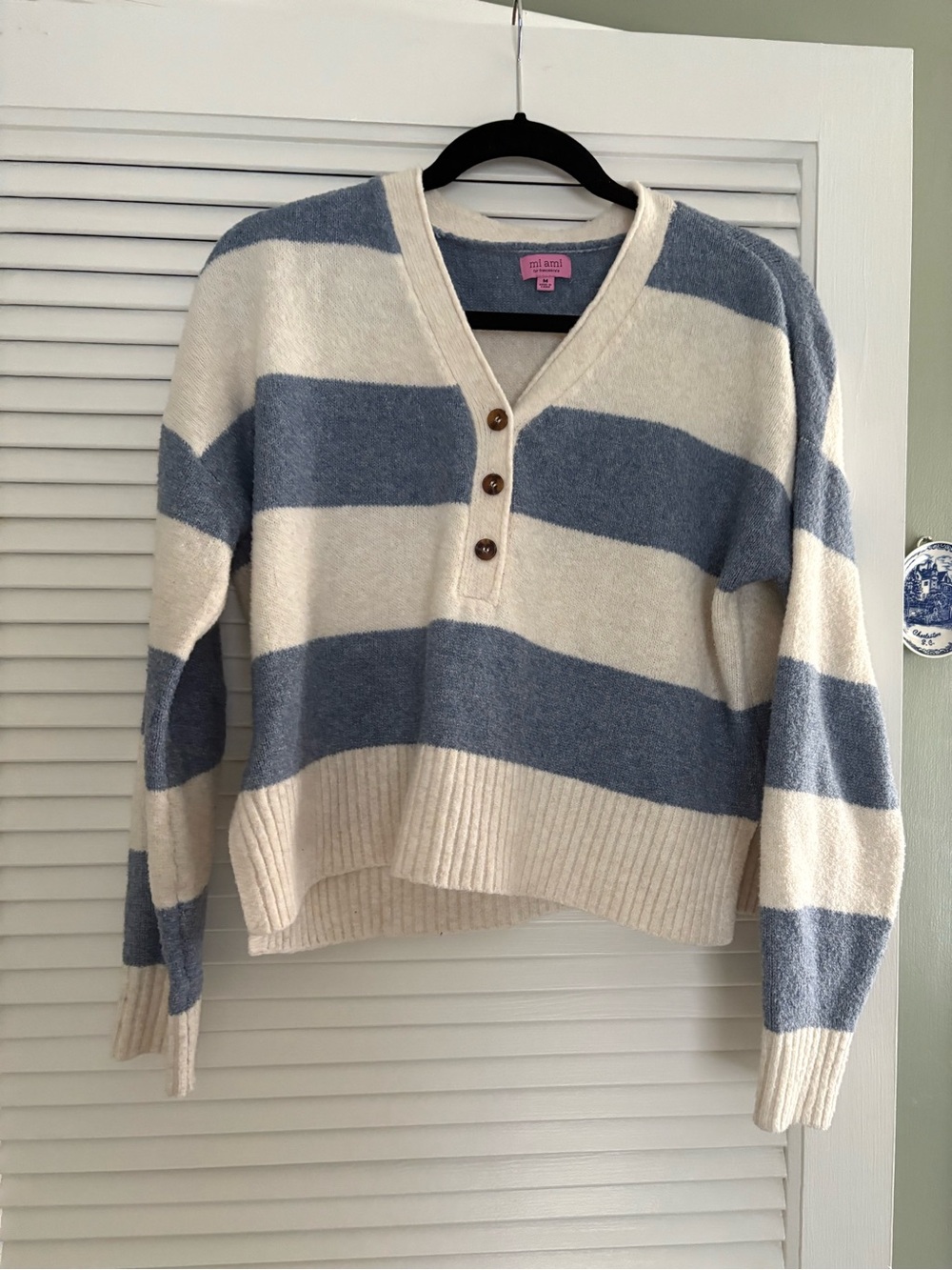 miami Blue and Cream Striped V-Neck Sweater with Button Placket